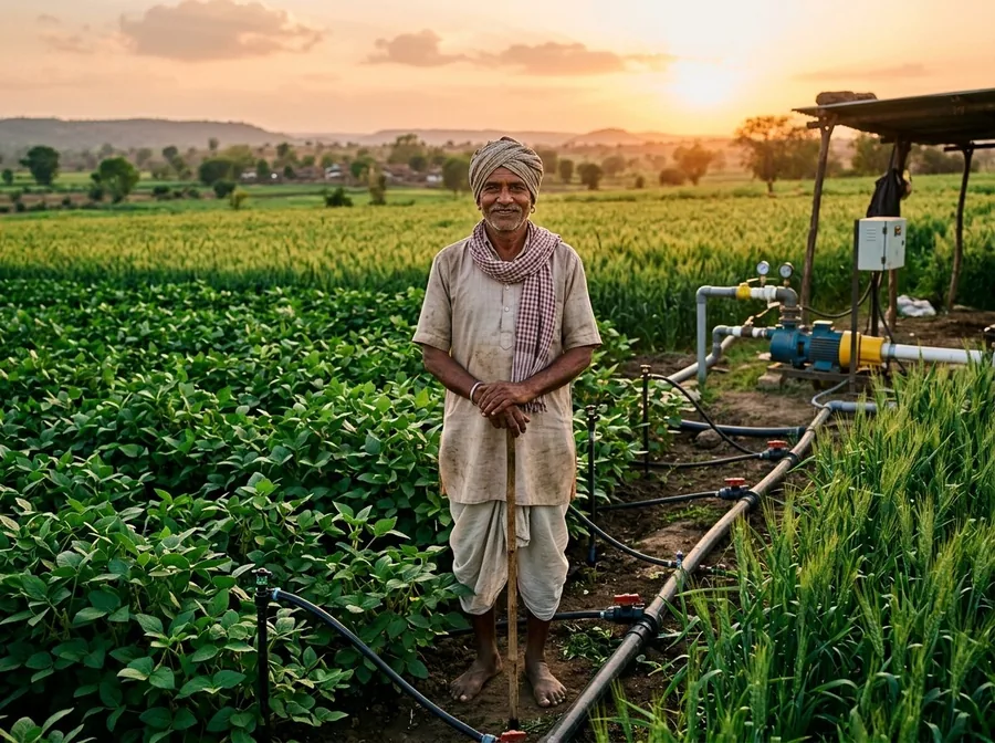 Indian farmer with irrigation equipment in Chhindwara - Aditya Agency